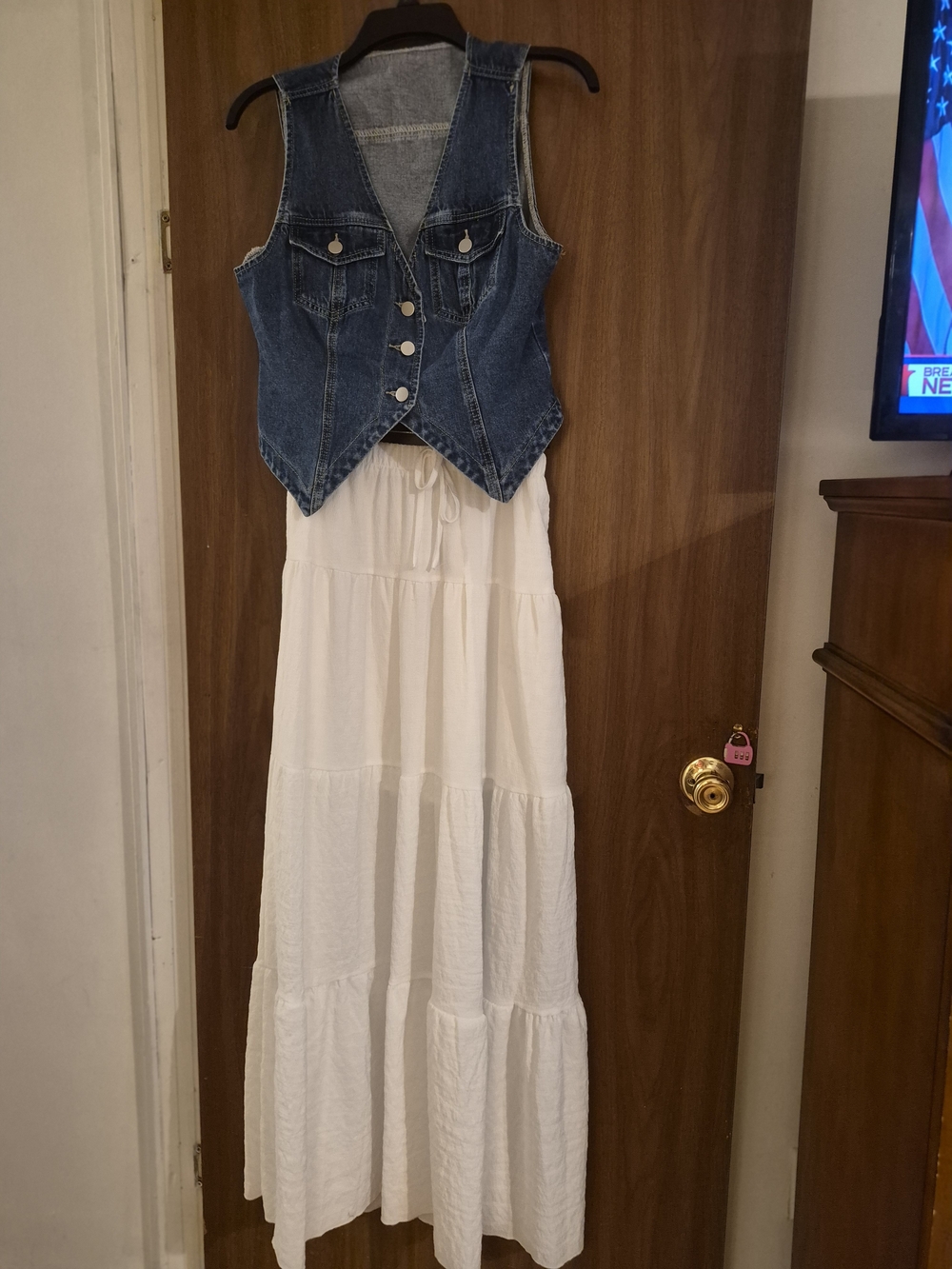 White Tiered Maxi Skirt with Denim Vest